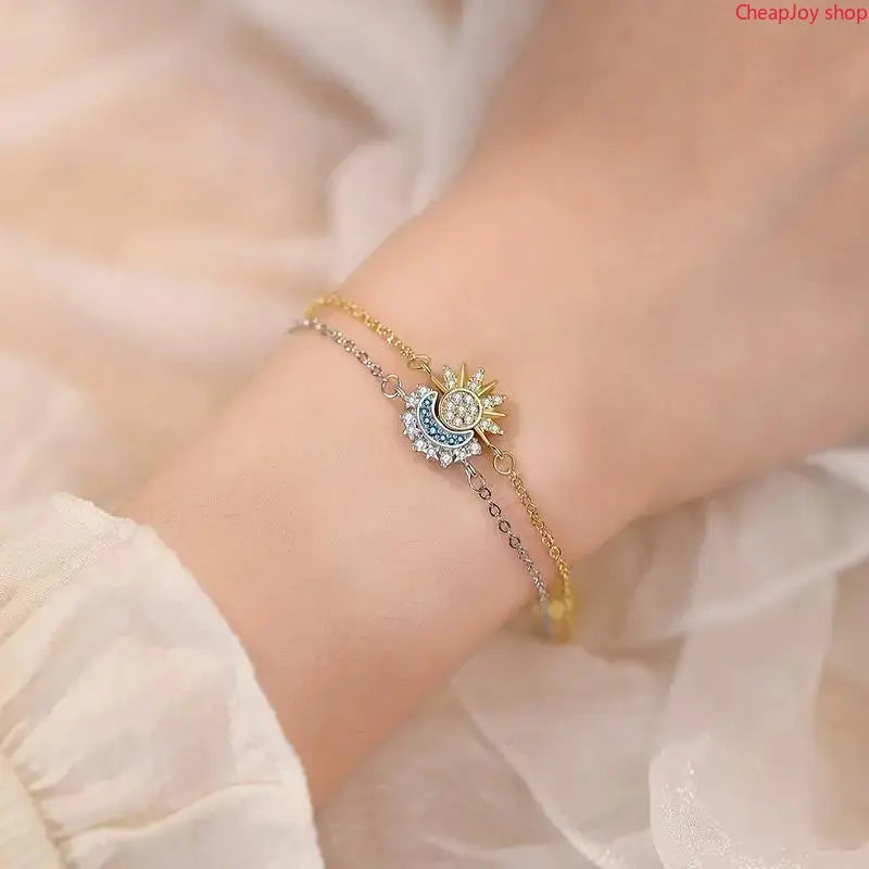 2pcs Sun Moon Bracelet Set Stackable Sparkling Gold Sun Ring & Blue Moon Bracelet for Couples Ideal Friendship Gift Versatile Stylish Accessory