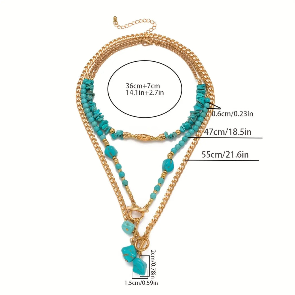 A set of three bohemian turquoise beaded stacked necklaces for women, perfect as accessories for holidays, birthdays, dates, parties, vacations, shopping, and daily commutes