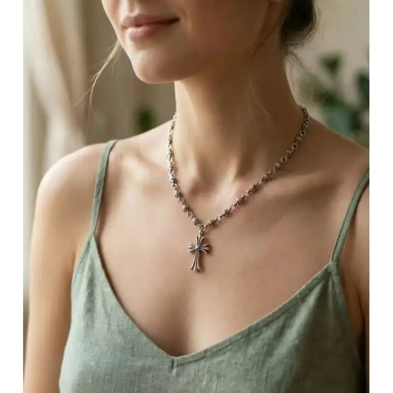 Vintage Cross Pendant Necklace, Unisex Silver Stainless Steel Chain, Trendy Y2K Street Style Jewelry for Men Women