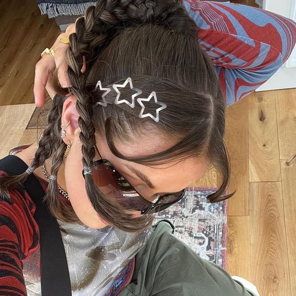 Star Hair Clips 2000s Y2K Snap Hair Barrettes Non Slip Star Hair Accessories Silver Metal Hair Clips for Girls Women -15 PCS 1.57"