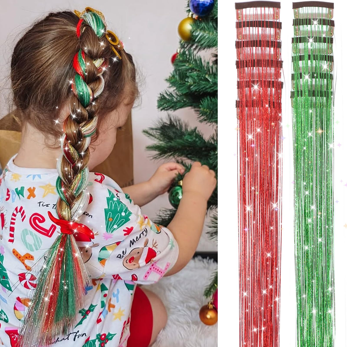 Hair Tinsel,18 Colors Hair Tinsel Kit for Girls 7600 Strands Fairy Tinsel Hair Extensions Holographic Hair Tinsel Heat Resistant Colored Hair Glitter Christmas Party Festival (18 Colors)