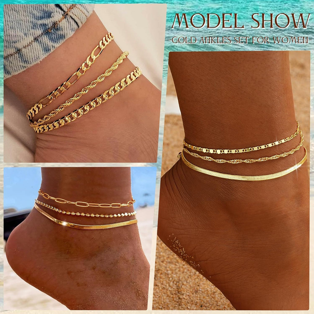 iF YOU Gold Ankle Bracelets for Women, 14k Gold Plated Waterproof Cuban Link Chain Anklets Set, Layered Anklet Bracelets for Women Beach Gift Adjustable Size 5pcs