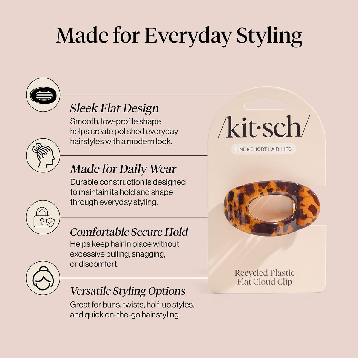 Kitsch Small Flat Claw Clips for Women - Stylish Flat Hair Clips, Strong Hold for Thick & Fine Hair | Non-Slip for Secure, Comfortable All-Day Wear -Tortoise Design