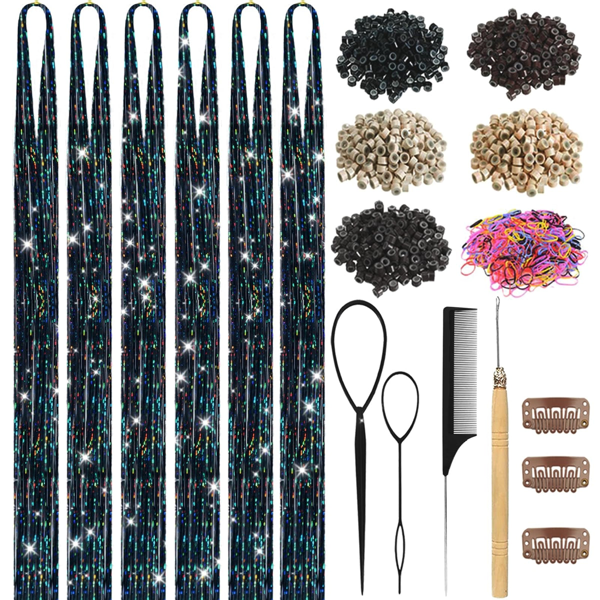 Hair Tinsel,18 Colors Hair Tinsel Kit for Girls 7600 Strands Fairy Tinsel Hair Extensions Holographic Hair Tinsel Heat Resistant Colored Hair Glitter Christmas Party Festival (18 Colors)