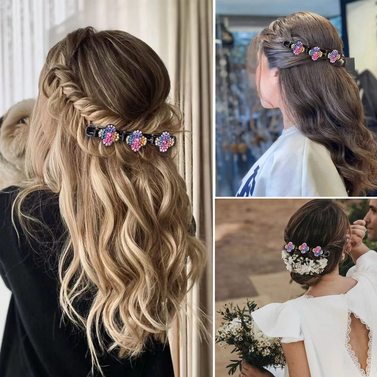 Sparkling Crystal Stone Braided Hair Clover Clips for Thick Thin Hair, Girls/Women Hair Accessories for Styling Sectioning, Large, 8 Pcs