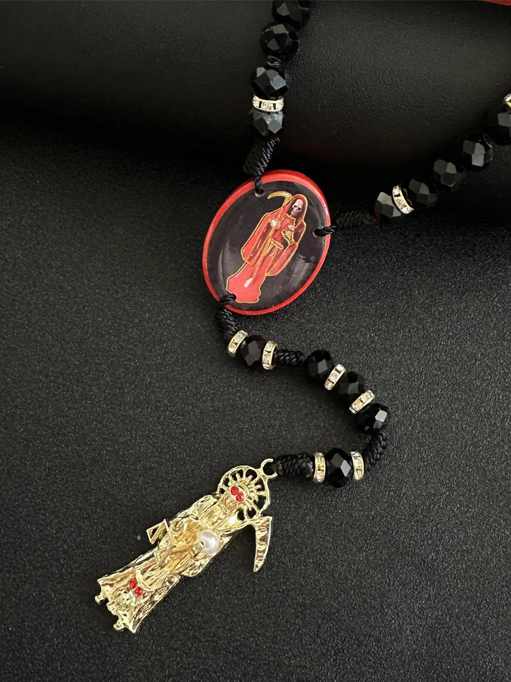 Holy Death Design Necklace, Wooden Santa Muerte Necklace, Red Rosaries Beads Blessing Crafted Rosario de la Santa Muerte, Prayer Gift for Women & Men, Gothic Jewelry, Jewelry Necklace, Rosary Necklace