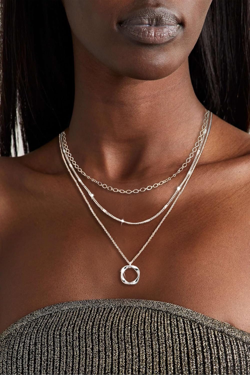 Cuzmly Layered Silver Necklaces for Women, Sterling Silver Stackable Stack Choker Necklaces for Women Trendy Layering Circle Pendant Chain Necklace Set Jewelry for Women