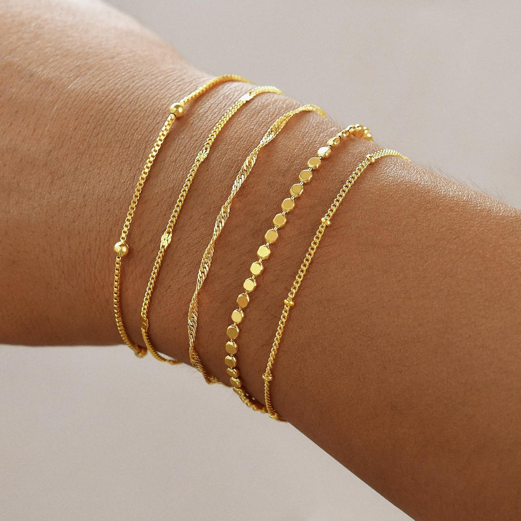 Gold Bracelets for Women, 14K Gold Plated Stackable Bracelet Stack Set Adjustable Charm Paperclip Chain Snake Link Layered Waterproof Jewelry Sets Gifts