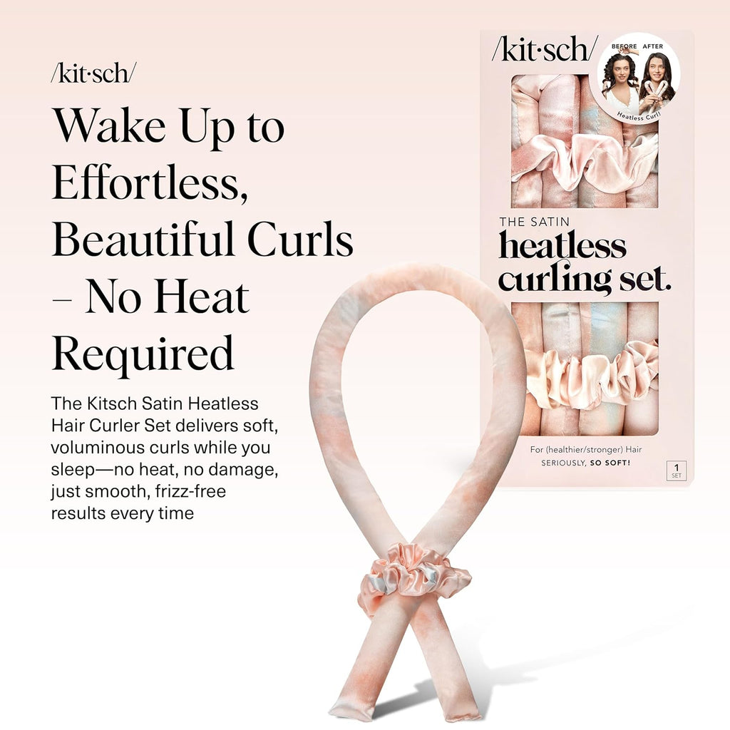 Kitsch Satin Heatless Curlers Set – Heatless Curls Overnight w/ 34" Hair Waver & 2 Satin Hair Scrunchies, Comfortable Hair Curlers to Sleep In for Frizz-Free, No Heat Damage Styling - Sunset Tie Dye