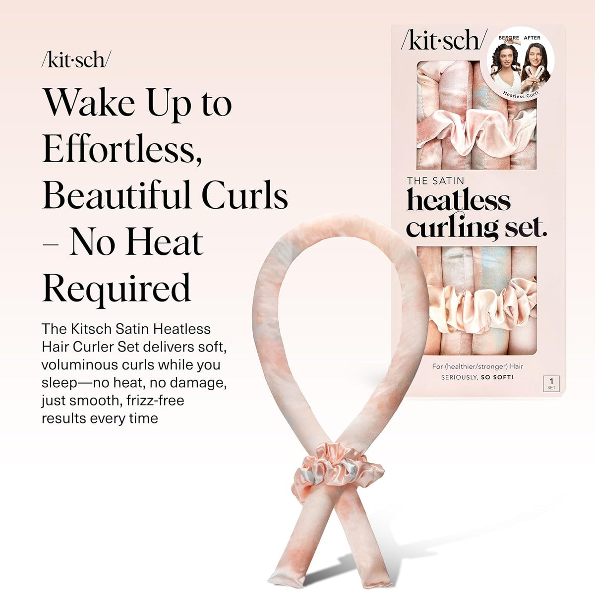 Kitsch Satin Heatless Curlers Set – Heatless Curls Overnight w/ 34" Hair Waver & 2 Satin Hair Scrunchies, Comfortable Hair Curlers to Sleep In for Frizz-Free, No Heat Damage Styling - Sunset Tie Dye