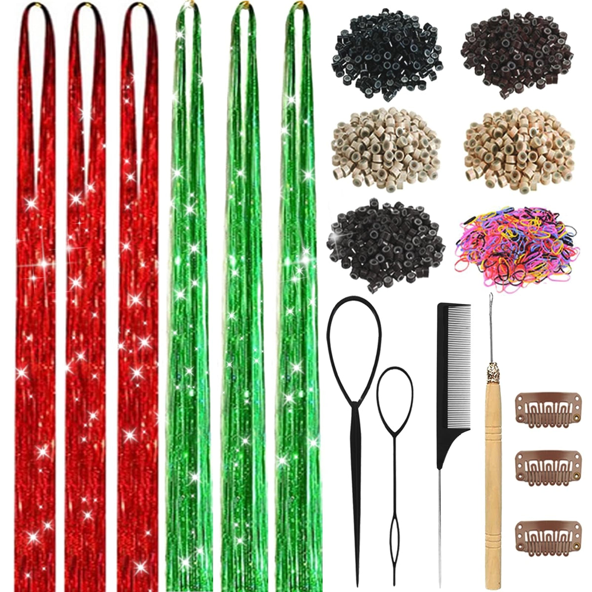 Hair Tinsel,18 Colors Hair Tinsel Kit for Girls 7600 Strands Fairy Tinsel Hair Extensions Holographic Hair Tinsel Heat Resistant Colored Hair Glitter Christmas Party Festival (18 Colors)