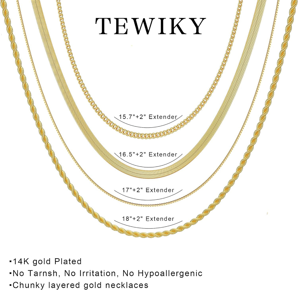 Tewiky Layered Necklaces for Women Non Tarnish- Chunky 14k Gold Plated Herringbone/Snake/Rope/Box/Cuban Link Chain for Women Waterproof Layering Stack Choker Necklace Trendy Dainty Tarnish Free Jewelry Set