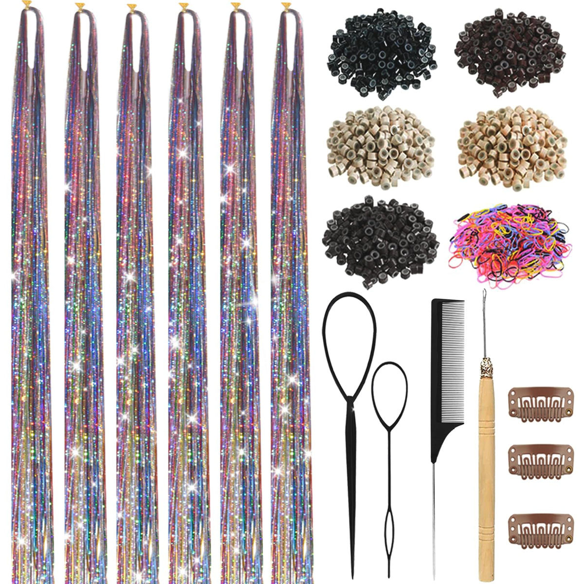 Hair Tinsel,18 Colors Hair Tinsel Kit for Girls 7600 Strands Fairy Tinsel Hair Extensions Holographic Hair Tinsel Heat Resistant Colored Hair Glitter Christmas Party Festival (18 Colors)