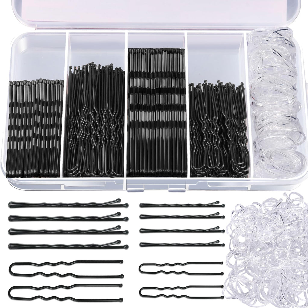 Teenitor 300pcs Bobby Pins Hair Pins Kit, 100 Hair Pin for Women 100 Bobby Pins Brown and 100 Hair Bands, Hair Pins for Buns 2inch 2.36inch 2.75inch
