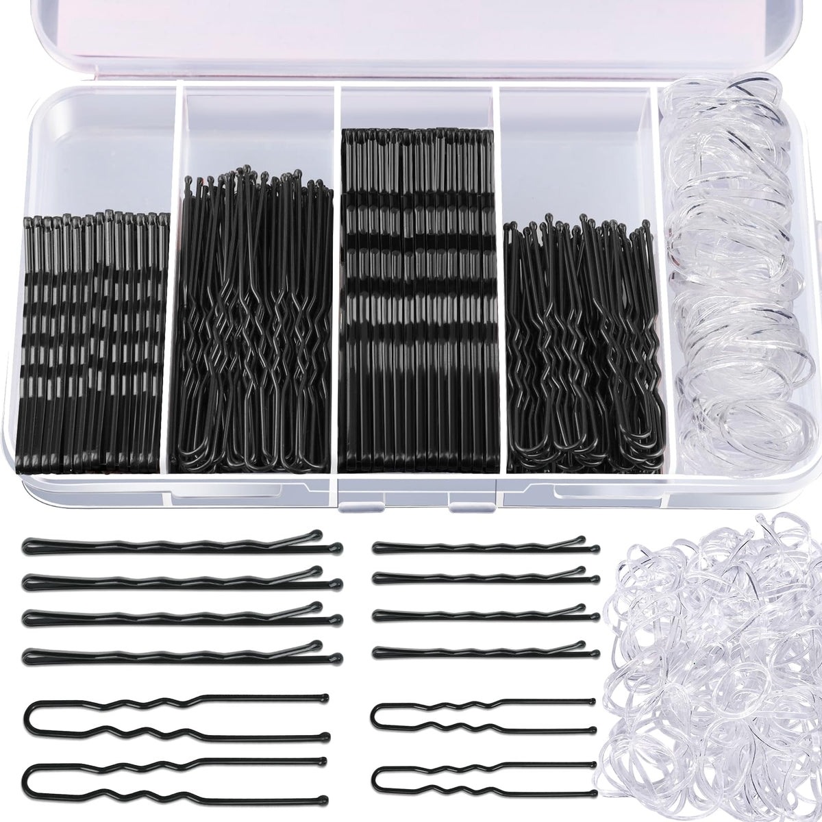 Teenitor 300pcs Bobby Pins Hair Pins Kit, 100 Hair Pin for Women 100 Bobby Pins Brown and 100 Hair Bands, Hair Pins for Buns 2inch 2.36inch 2.75inch