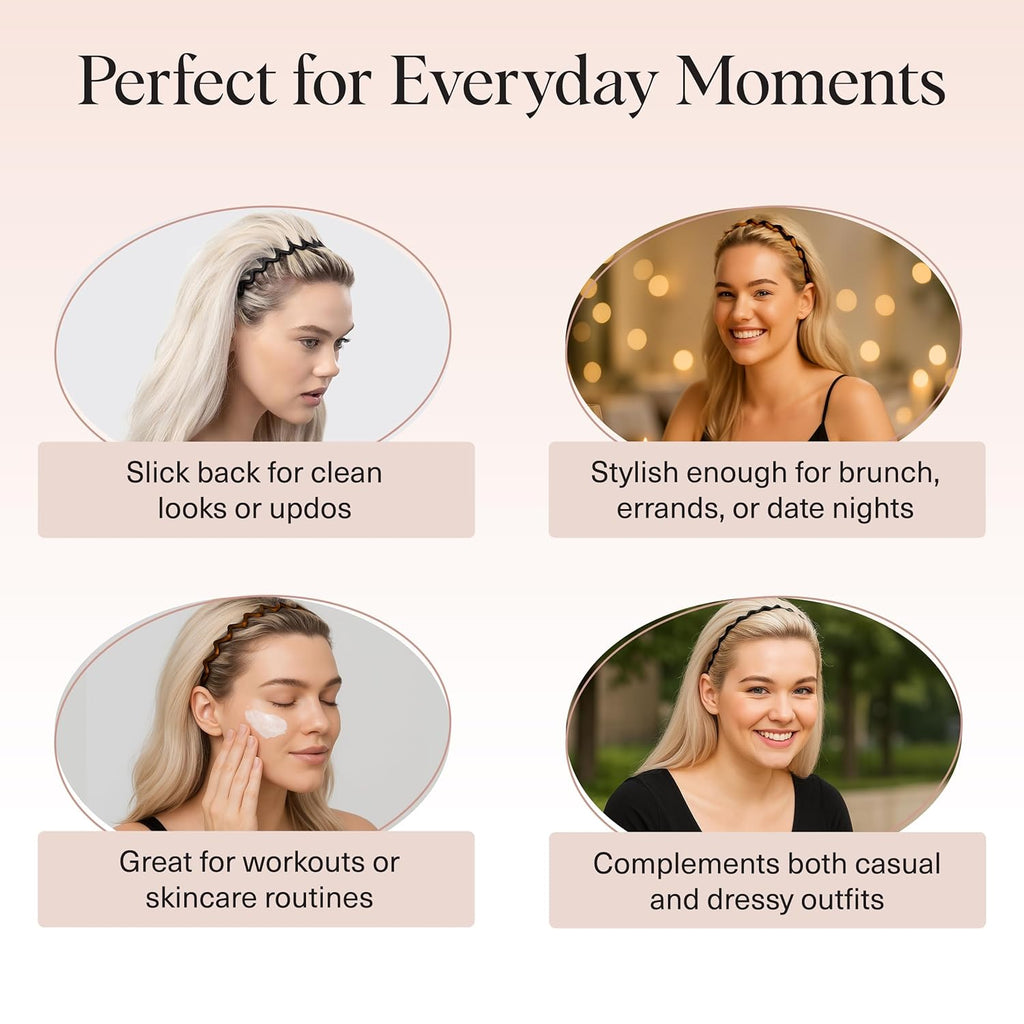 Kitsch Zig Zag Headbands for Women – Fashion Accessories for Slicked Back Styles - Comfortable Wavy Headbands | Comb Headband with Teeth - Black and Tortoise - 2 pcs
