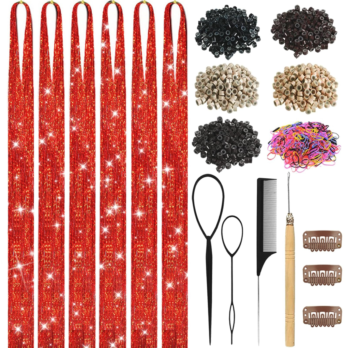 Hair Tinsel,18 Colors Hair Tinsel Kit for Girls 7600 Strands Fairy Tinsel Hair Extensions Holographic Hair Tinsel Heat Resistant Colored Hair Glitter Christmas Party Festival (18 Colors)