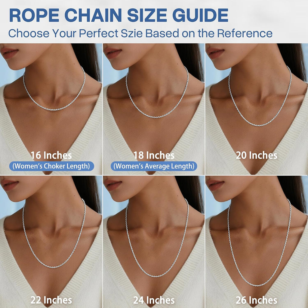 2mm Rope Chain 925 Sterling Silver Chain Necklace for Women, Sturdy Shiny Women's Chains Necklace, 16 18 20 22 24 26 Inches