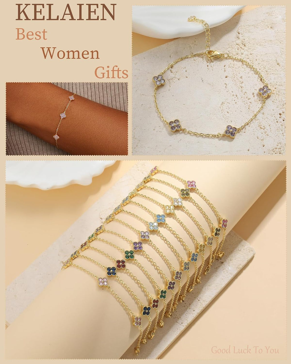 Birthstone Gold Clover Bracelet Dainty 14K Gold Plated Cute Friendship Stackable Bracelets for Women No Tarnish Trendy Charm Best Friend Bracelet Stack for Birthday Jewelry