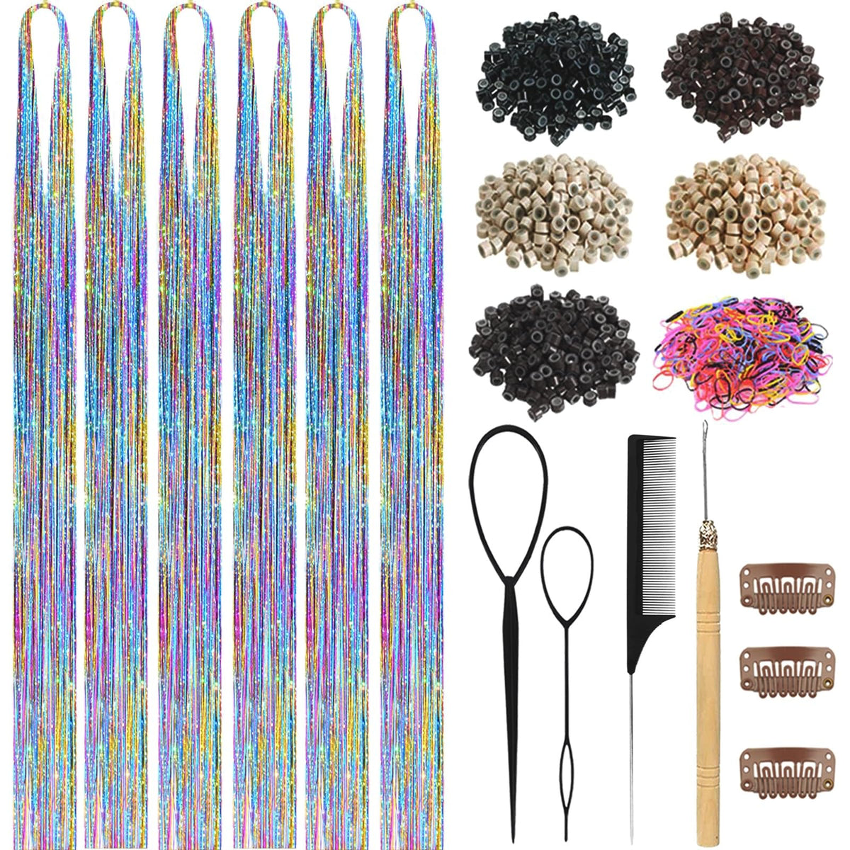 Hair Tinsel,18 Colors Hair Tinsel Kit for Girls 7600 Strands Fairy Tinsel Hair Extensions Holographic Hair Tinsel Heat Resistant Colored Hair Glitter Christmas Party Festival (18 Colors)