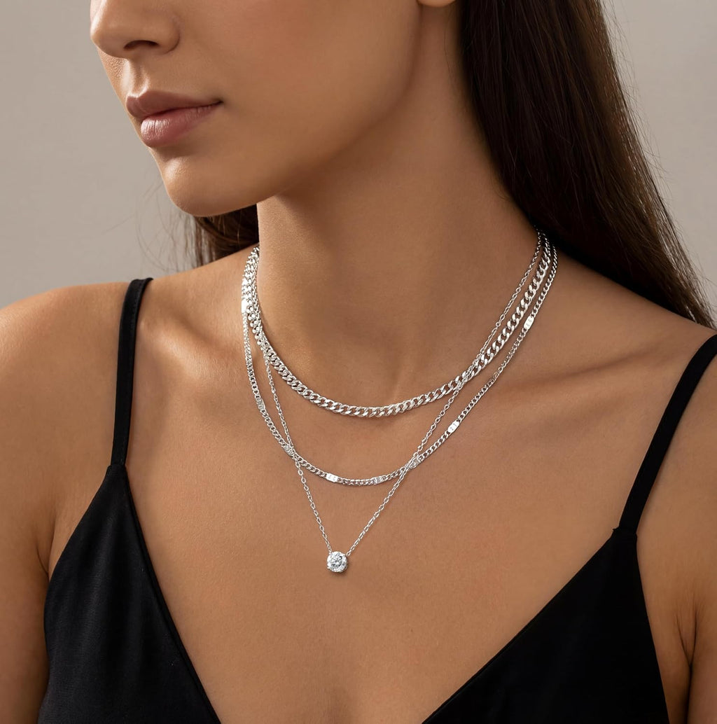 WomenGifts Layered Gold Necklaces for Women, 14K Gold Sterling Silver Plated Dainty Pendant Necklace Set Non Tarnish, Chunky Stackable Cuban Chain Choker, Trendy Birthstone Vacation Jewelry Gift
