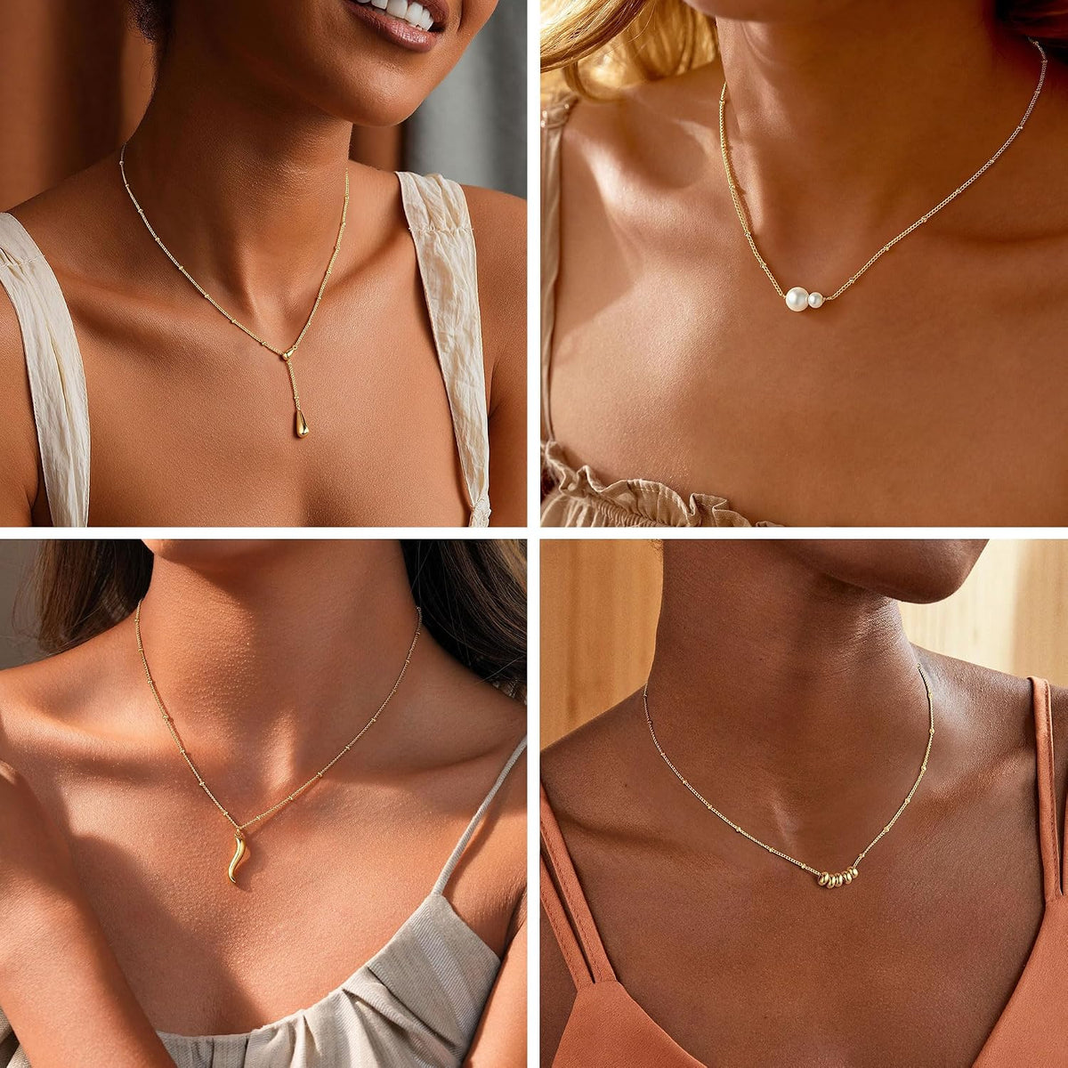 M MOOHAM Gold Necklace for Women Non Tarnish - Dainty 14K Gold Plated Beaded Chain Small Pendant Necklaces Simple Pearl Circle Beads Teardrop Pendant Necklace for Women Trendy Jewelry Gifts