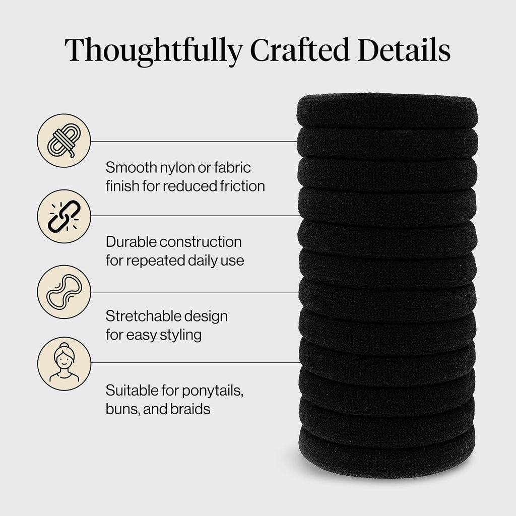 Kitsch Nylon Hair Ties No Damage - Stretchable Hair Bands for Strong All-Day Hold, Ponytail Holders | Hair Accessories for Girls - Black, 12 Pcs