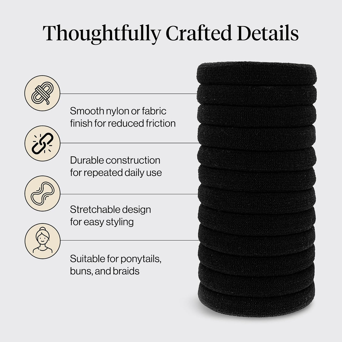 Kitsch Nylon Hair Ties No Damage - Stretchable Hair Bands for Strong All-Day Hold, Ponytail Holders | Hair Accessories for Girls - Black, 12 Pcs