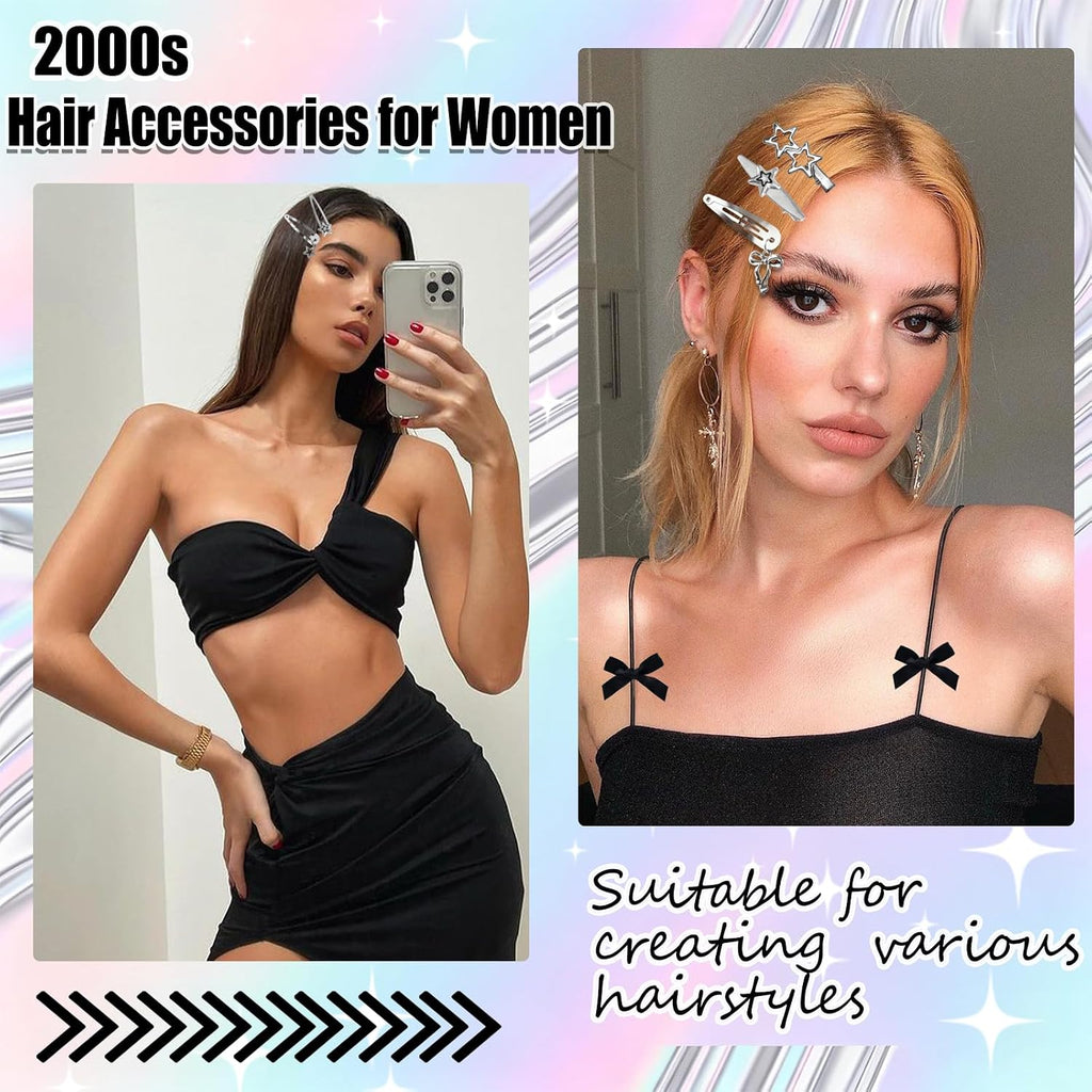 20Pcs Star Hair Clips Y2K Silver Hair Clips 14 Shapes Y2K Hair Accessories Metal Non-Slip Snap Barrettes for Girls 2000s Punk Kawaii Butterfly Charm Hair Clips for Women(Silver B)