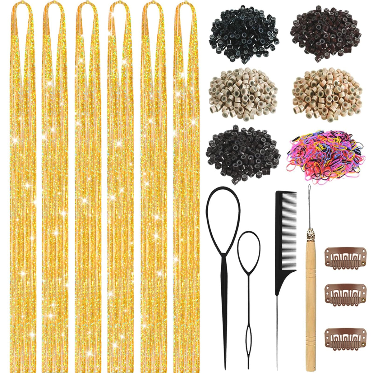 Hair Tinsel,18 Colors Hair Tinsel Kit for Girls 7600 Strands Fairy Tinsel Hair Extensions Holographic Hair Tinsel Heat Resistant Colored Hair Glitter Christmas Party Festival (18 Colors)