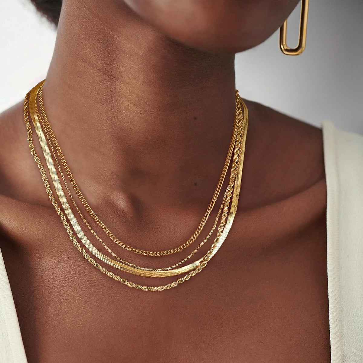 Tewiky Layered Necklaces for Women Non Tarnish- Chunky 14k Gold Plated Herringbone/Snake/Rope/Box/Cuban Link Chain for Women Waterproof Layering Stack Choker Necklace Trendy Dainty Tarnish Free Jewelry Set