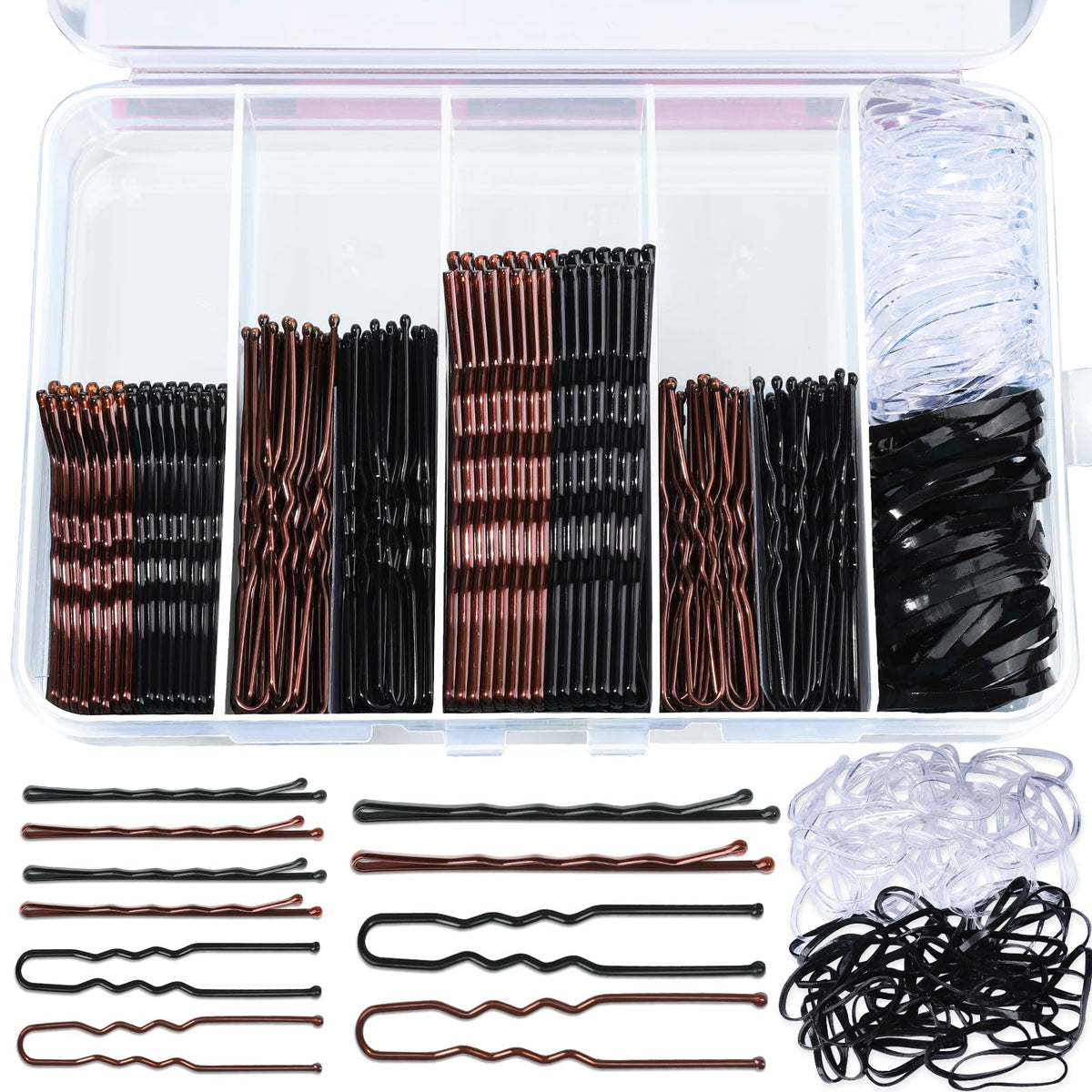 Teenitor 300pcs Bobby Pins Hair Pins Kit, 100 Hair Pin for Women 100 Bobby Pins Brown and 100 Hair Bands, Hair Pins for Buns 2inch 2.36inch 2.75inch