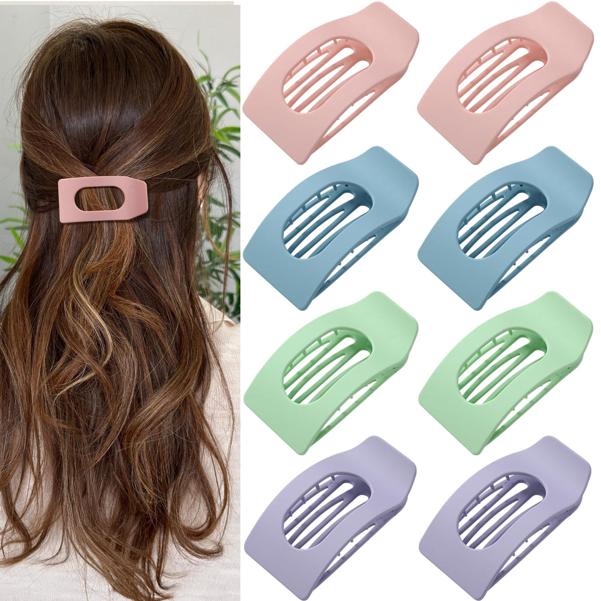 8 Pack Flat Hair Clips for Women – Large Matte Rectangle No-Slip Claw Clips, Strong Hold Square Hair Accessories for Thick & Thin Hair, Lay Flat Design for Work & Daily Styling