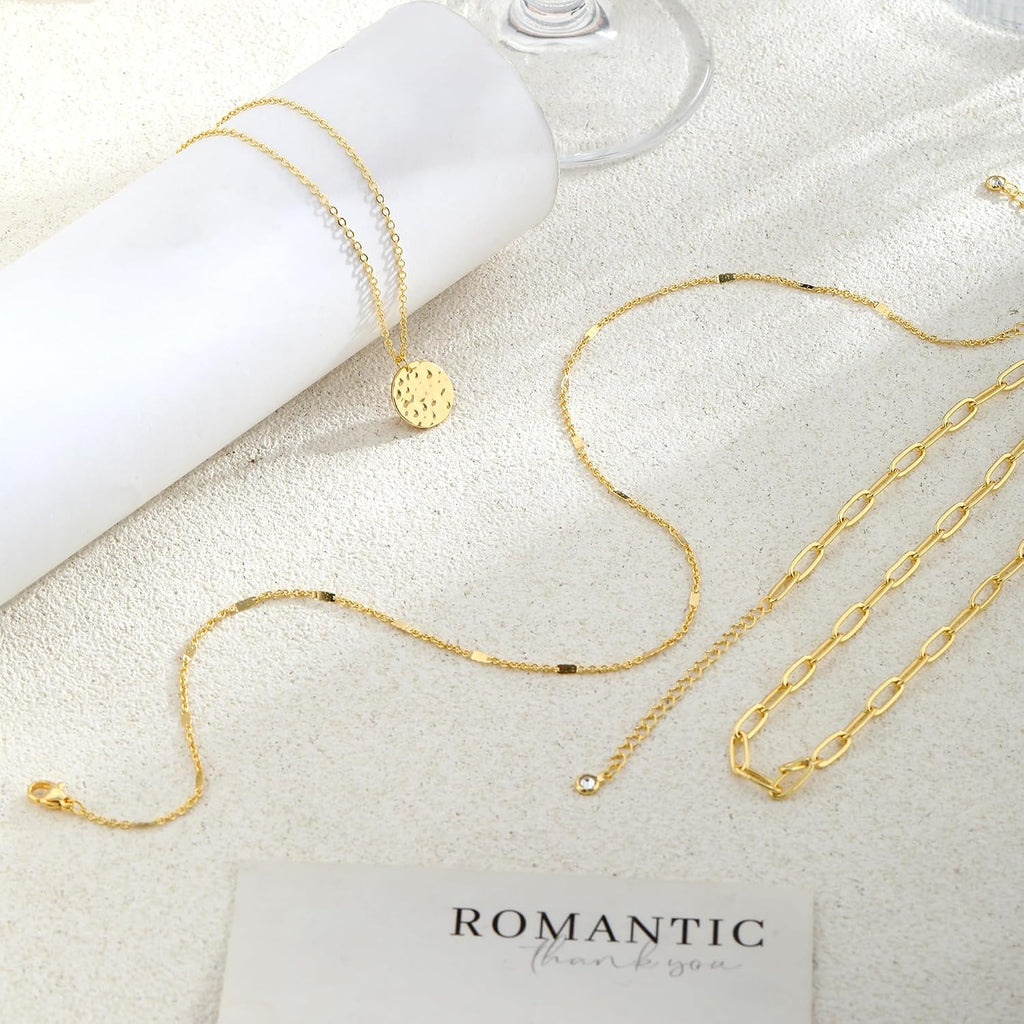 Layered Gold Necklace for Women, 14K Gold Plated Necklace Stack for Women, Dainty Adjustable Gold Necklace Set