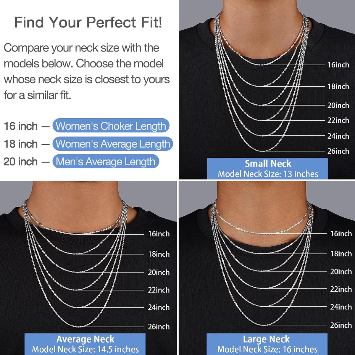 Jewlpire 1.5mm 2mm Rope Chain 925 Sterling Silver Chain Necklace for Women, Smooth Sturdy Women's Chains Necklace, 16 18 20 22 24 26 Inch
