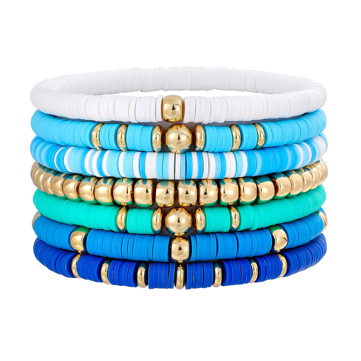 GOOJIDS Surfer Heishi Clay Bead Bracelets for Women Bohemian Stackable Gold Plated Beaded Stretch Bracelets Elastic Layering Friendship Bracelets Set Boho Jewelry