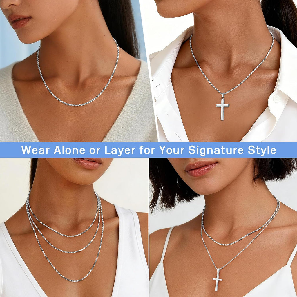 2mm Rope Chain 925 Sterling Silver Chain Necklace for Women, Sturdy Shiny Women's Chains Necklace, 16 18 20 22 24 26 Inches