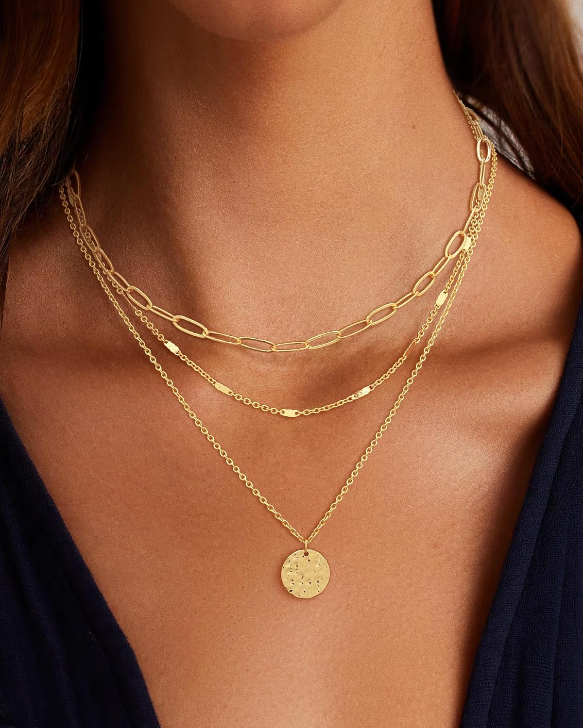 Layered Gold Necklace for Women, 14K Gold Plated Necklace Stack for Women, Dainty Adjustable Gold Necklace Set