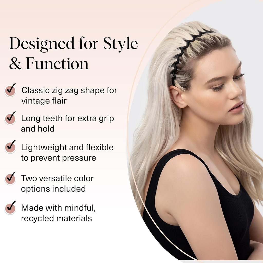 Kitsch Zig Zag Headbands for Women – Fashion Accessories for Slicked Back Styles - Comfortable Wavy Headbands | Comb Headband with Teeth - Black and Tortoise - 2 pcs