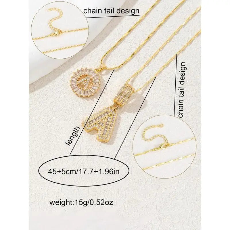 Women's Dainty Gold Embellished Layered Gold-Tone Initial Necklaces - 2-Piece Zirconia Pendant Alphabet Set (26 Letters) Long Chain Jewelry for Women, Personalized Custom Birthday Valentine's Day Gifts, Gold Embellished Necklaces
