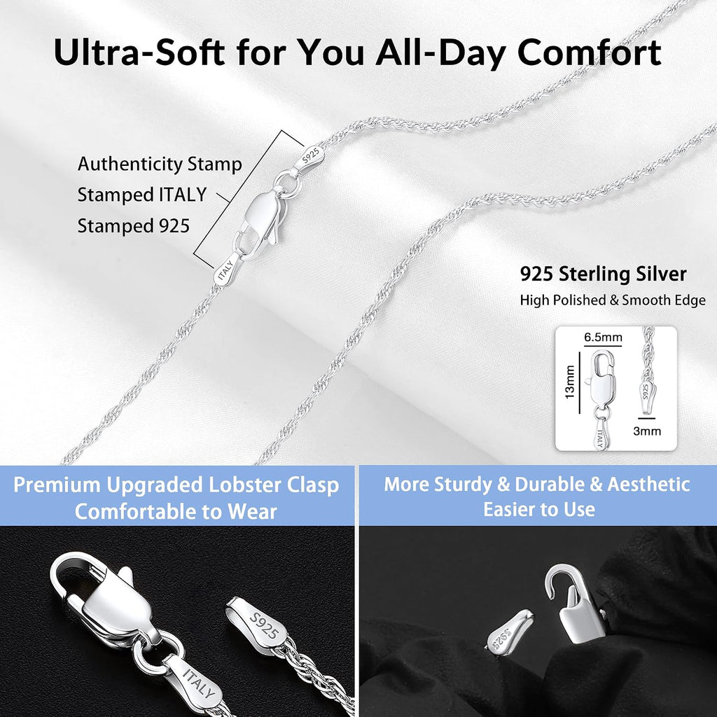 2mm Rope Chain 925 Sterling Silver Chain Necklace for Women, Sturdy Shiny Women's Chains Necklace, 16 18 20 22 24 26 Inches