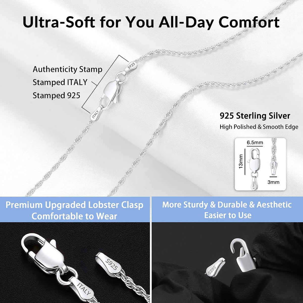 2mm Rope Chain 925 Sterling Silver Chain Necklace for Women, Sturdy Shiny Women's Chains Necklace, 16 18 20 22 24 26 Inches