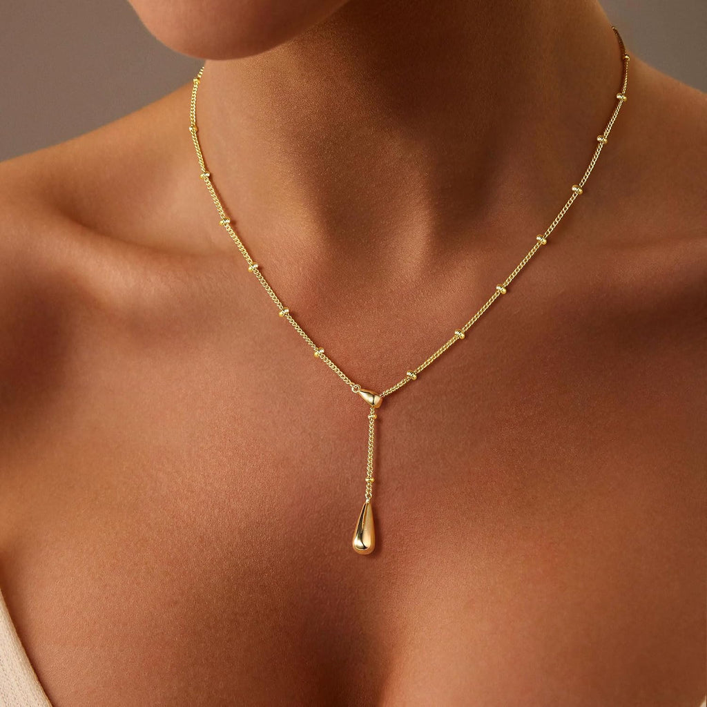 M MOOHAM Gold Necklace for Women Non Tarnish - Dainty 14K Gold Plated Beaded Chain Small Pendant Necklaces Simple Pearl Circle Beads Teardrop Pendant Necklace for Women Trendy Jewelry Gifts