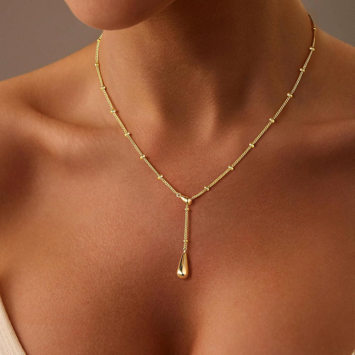 M MOOHAM Gold Necklace for Women Non Tarnish - Dainty 14K Gold Plated Beaded Chain Small Pendant Necklaces Simple Pearl Circle Beads Teardrop Pendant Necklace for Women Trendy Jewelry Gifts