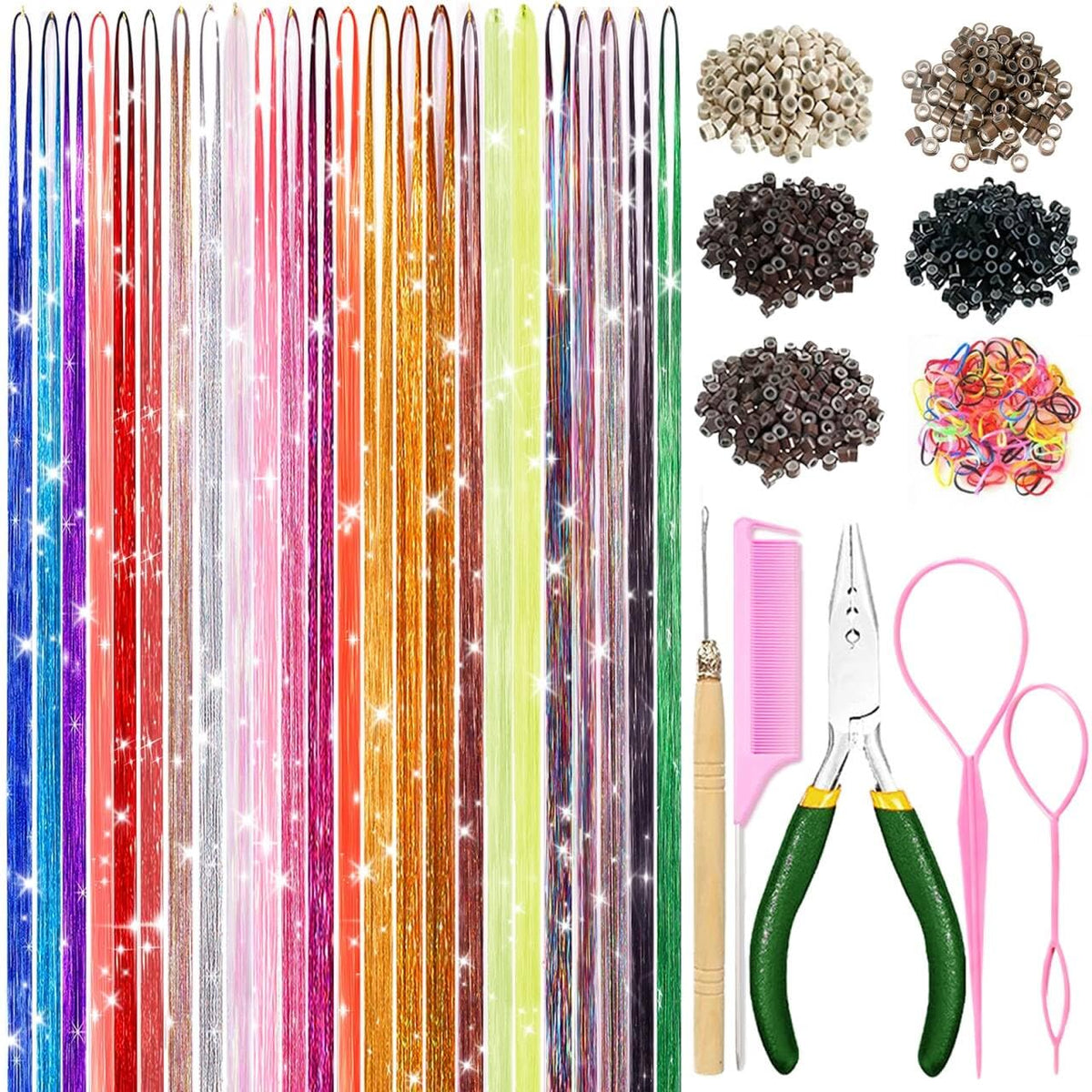 Hair Tinsel,18 Colors Hair Tinsel Kit for Girls 7600 Strands Fairy Tinsel Hair Extensions Holographic Hair Tinsel Heat Resistant Colored Hair Glitter Christmas Party Festival (18 Colors)