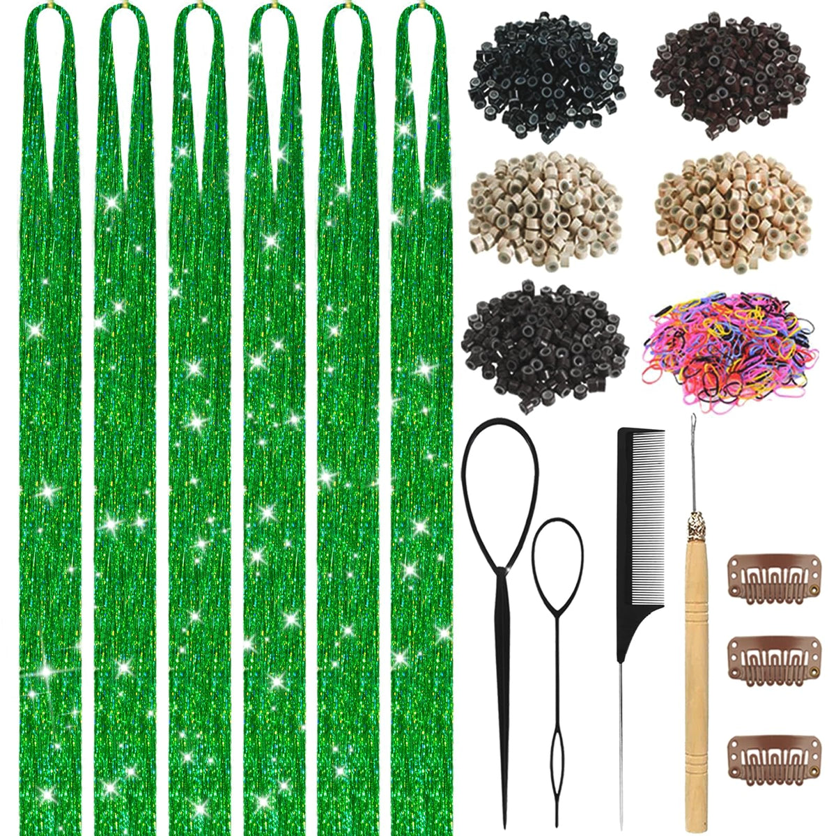 Hair Tinsel,18 Colors Hair Tinsel Kit for Girls 7600 Strands Fairy Tinsel Hair Extensions Holographic Hair Tinsel Heat Resistant Colored Hair Glitter Christmas Party Festival (18 Colors)