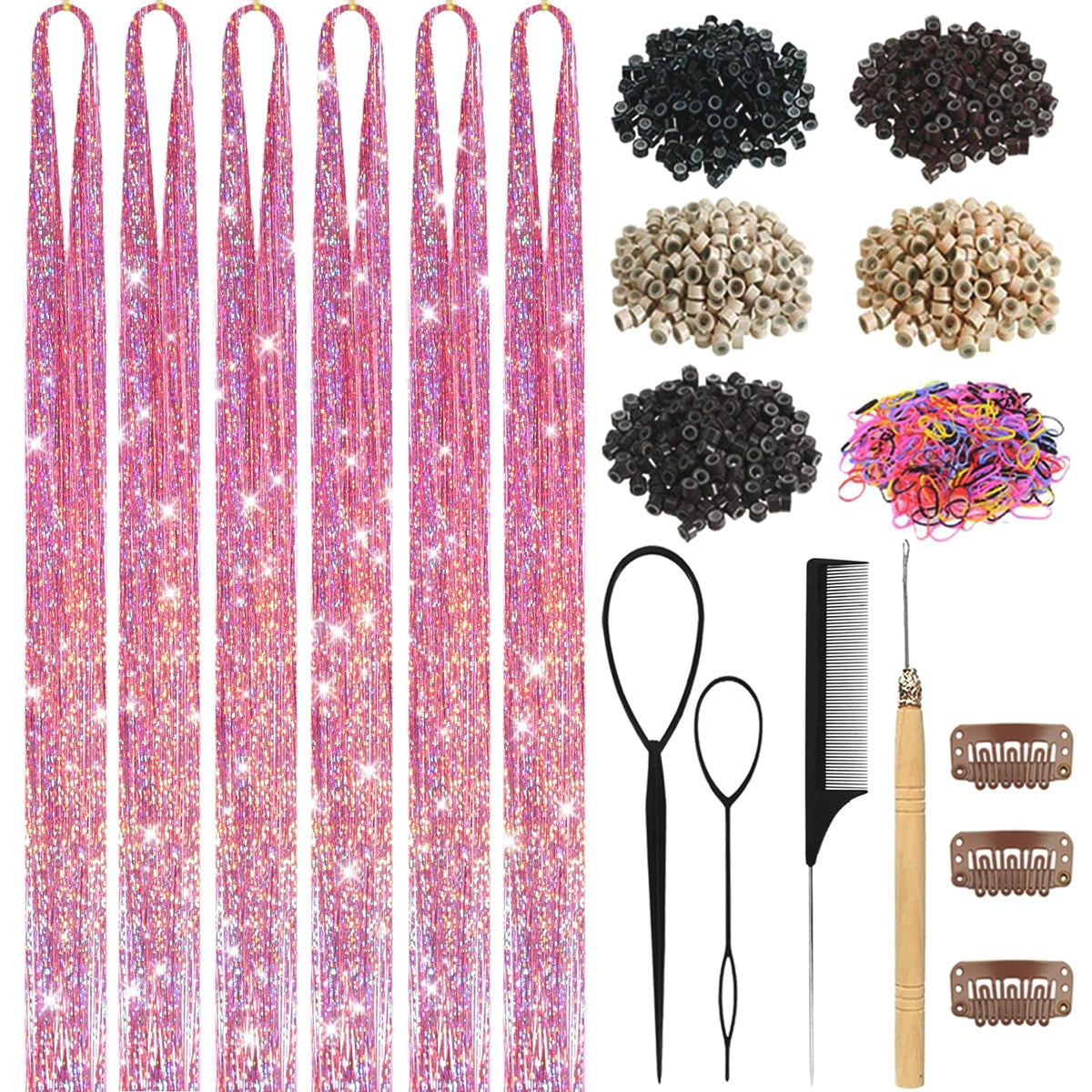 Hair Tinsel,18 Colors Hair Tinsel Kit for Girls 7600 Strands Fairy Tinsel Hair Extensions Holographic Hair Tinsel Heat Resistant Colored Hair Glitter Christmas Party Festival (18 Colors)