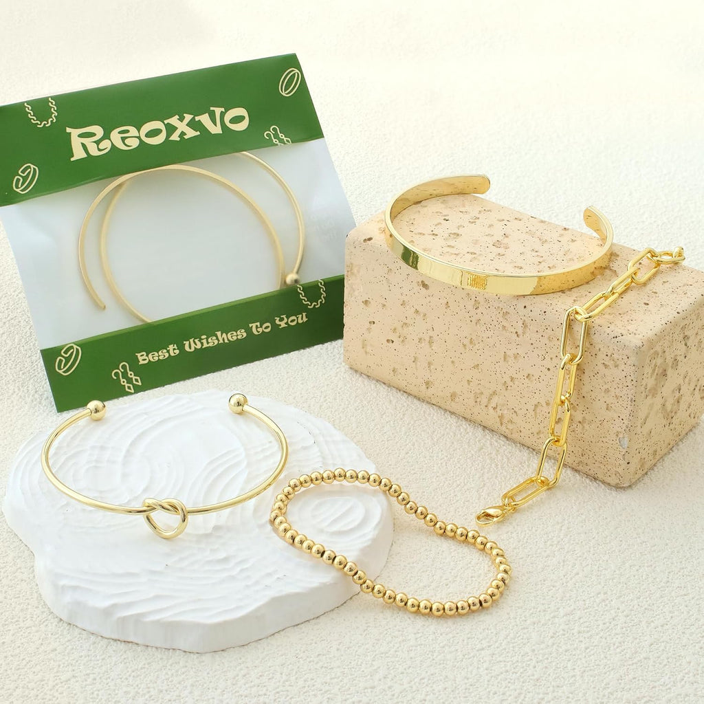 Reoxvo Gold Bangle Cuff Bracelets for Women Trendy Gold Plated Tennis Bracelet Stack for Women Non Tarnish Fashion Jewelry Accessories Set