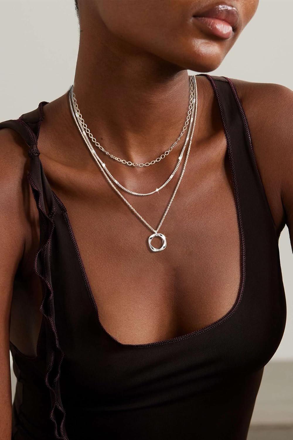 Cuzmly Layered Silver Necklaces for Women, Sterling Silver Stackable Stack Choker Necklaces for Women Trendy Layering Circle Pendant Chain Necklace Set Jewelry for Women