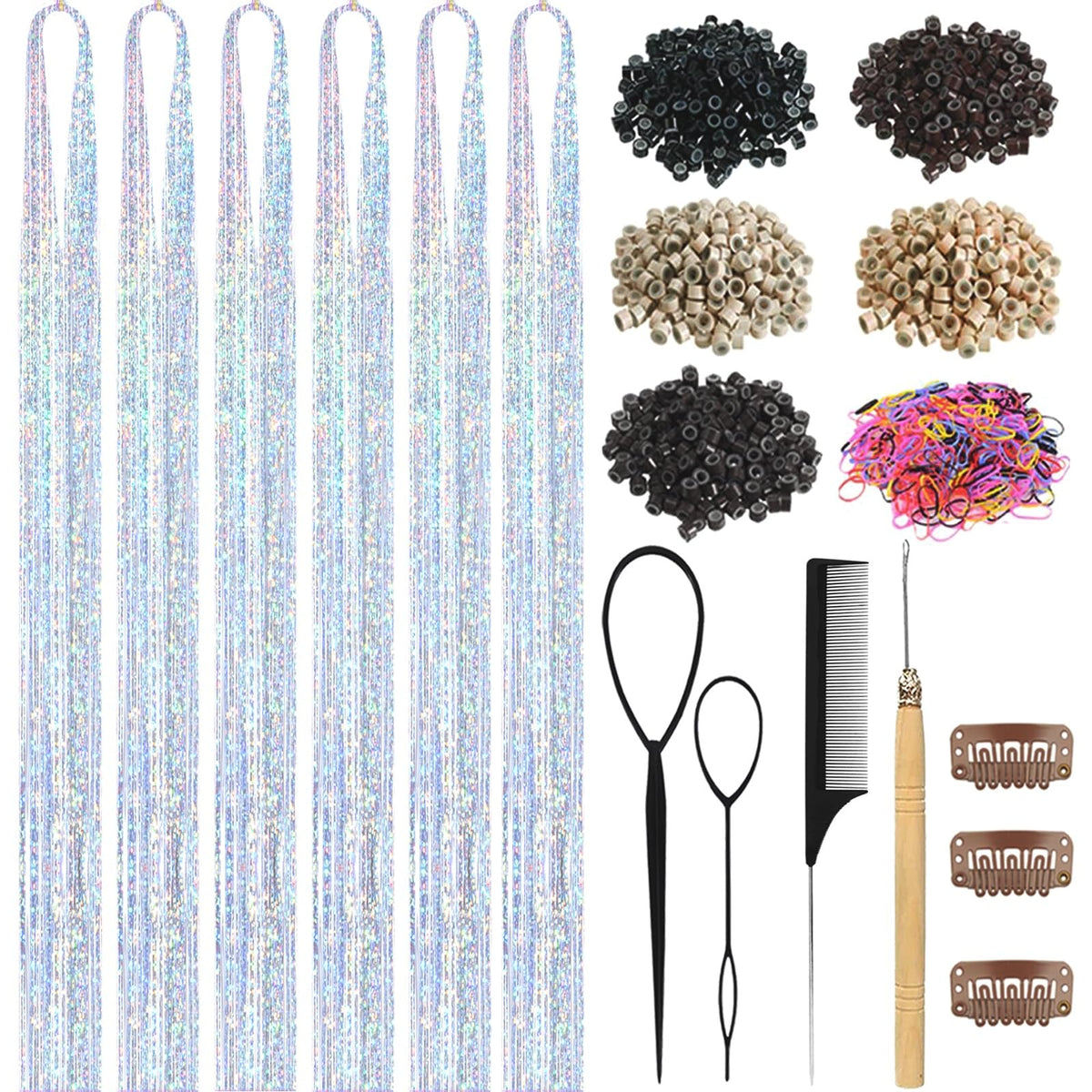 Hair Tinsel,18 Colors Hair Tinsel Kit for Girls 7600 Strands Fairy Tinsel Hair Extensions Holographic Hair Tinsel Heat Resistant Colored Hair Glitter Christmas Party Festival (18 Colors)